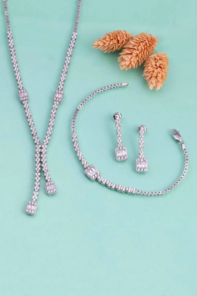 Gümüş Pazarım Baget Taşlı Rodyum Kaplama Su Yolu 925 Ayar Gümüş Düğün Set - 4