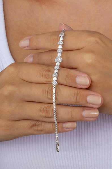 Gümüş Pazarım PRodyum Kaplama 925 Ayar Kalpli Süzme Su Yolu Gümüş Bileklik - Resim 3