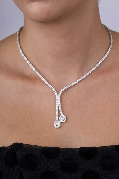 Gümüş Pazarım Su Yolu Süzme Baget Taşlı 925 Ayar Gümüş Kolye - 3