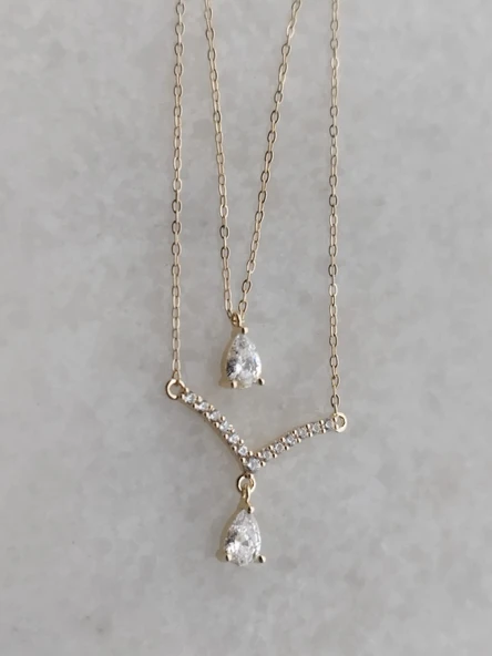 Su Damlası Taşlı İkili Çelik Kolye Aksesuar Hediyelik