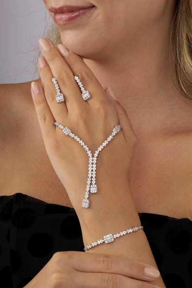 Gümüş Pazarım Baget Taşlı Rodyum Kaplama Su Yolu 925 Ayar Gümüş Düğün Set