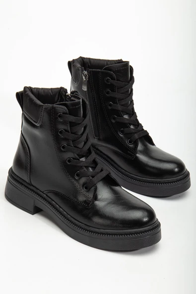 Kadın Siyah Cilt Bağcık Ve Fermuarlı Postal Bot - 3