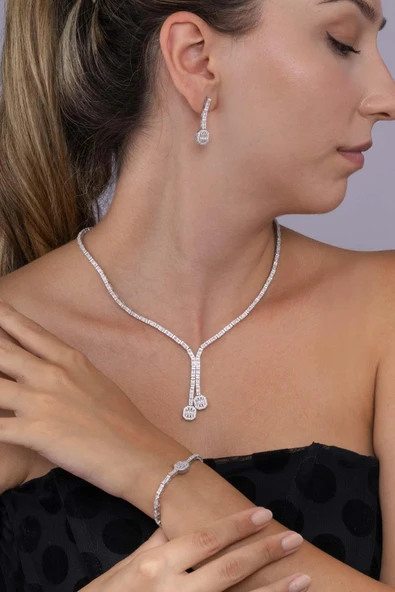 Gümüş Pazarım Su Yolu Süzme Baget Taşlı 925 Ayar Gümüş Düğün Seti ürün görseli