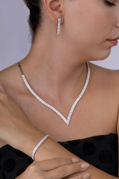 Gümüş Pazarım V Pırlanta Model Su Yolu Süzme 925 Ayar Gümüş Düğün Seti