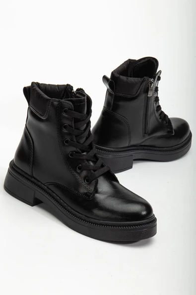 Kadın Siyah Cilt Bağcık Ve Fermuarlı Postal Bot - 2