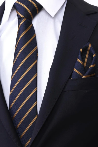 Esgue Hand Made 7.5 cm Gold Sarı & Lacivert Çizgili Desen Mendilli Kravat - Resim 3