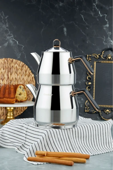 Cooker Everest 18/10 Paslanmaz Çelik Jumno Boy Çaydanlık 2 L Demlik 3,25 L Alt Hazne ürün görseli