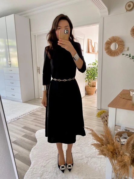 Kadın Uzun Kollu Bisiklet Yaka Midi Ithal Krep Elbise - Resim 3