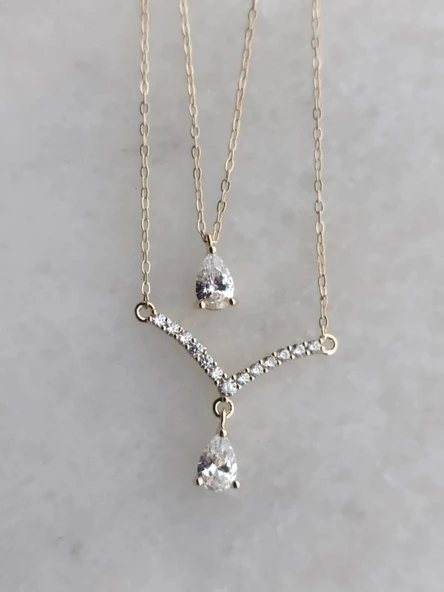 Su Damlası Taşlı İkili Çelik Kolye Aksesuar Hediyelik - 3