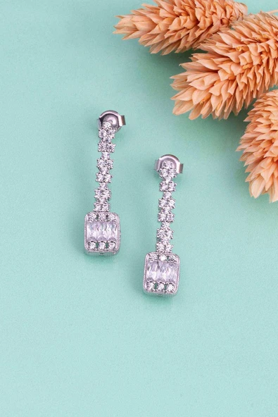 Gümüş Pazarım Baget Taşlı Rodyum Kaplama Su Yolu 925 Ayar Gümüş Küpe - 5