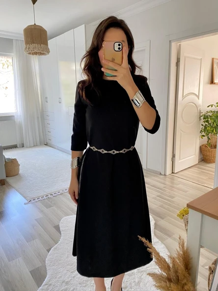 Kadın Uzun Kollu Bisiklet Yaka Midi Ithal Krep Elbise ürün görseli 1