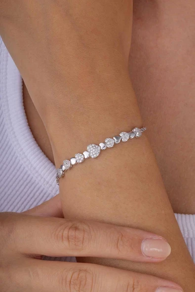 Gümüş Pazarım PRodyum Kaplama 925 Ayar Kalpli Süzme Su Yolu Gümüş Bileklik ürün görseli 1