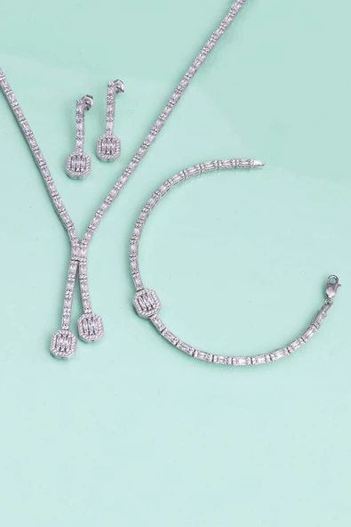 Gümüş Pazarım Su Yolu Süzme Baget Taşlı 925 Ayar Gümüş Düğün Seti - Resim 4