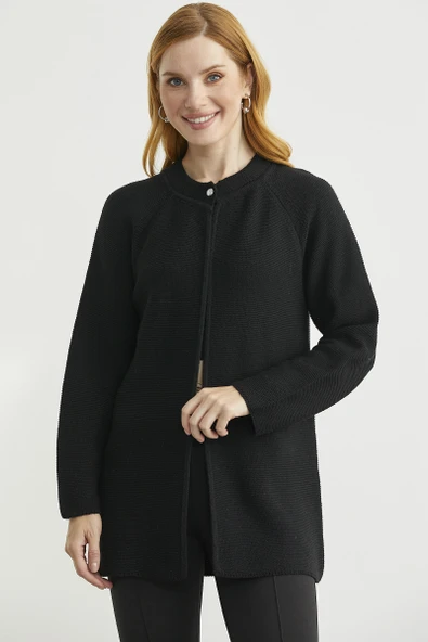 Sıfır Yaka Yünlü Uzun Triko Hırka - Siyah ürün görseli