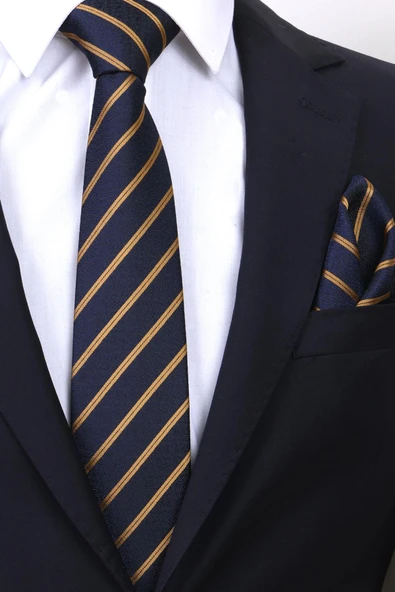 Esgue Hand Made 7.5 cm Gold Sarı & Lacivert Çizgili Desen Mendilli Kravat - Resim 2