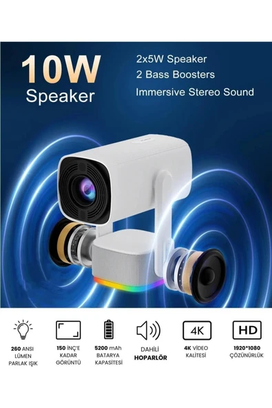 Glr K2 Pan-Tilt Lambalı Projektör 4K Destekli, Bluetooth 5.2 Android 11.0 Otomatik Odaklamalı Akıllı Projektör - 8