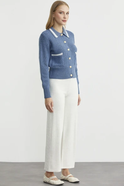 Polo Yaka Düğmeli Triko Hırka - Indigo - Resim 5