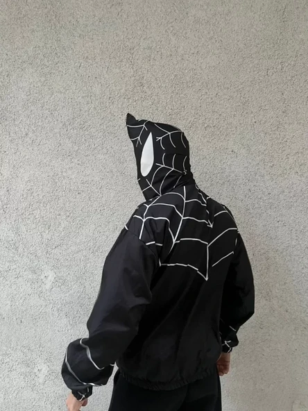 Unisex Uzun Kollu Kapşonlu Rüzgarlik - Siyah - Resim 2