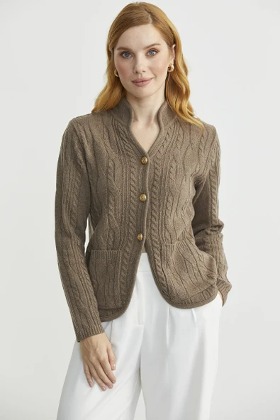 Hakim Yaka Cepli Yün Triko Ceket - Sütlü Kahve ürün görseli 1