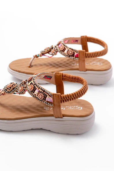 DM-609 Taba Taşlı Arka Lastikli Parmak Arası Kadın Sandalet - Resim 3