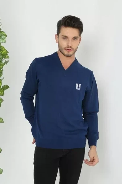 Baskılı V Yaka Uzun Kol Dokuma Triko - Indigo ürün görseli