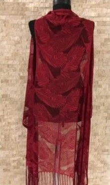 Pareo Dantel Yelek Mayo Bikini Üzeri Yaprak Desenli Püsküllü Plaj Elbisesi - Bordo ürün görseli