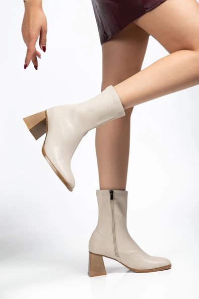 Bej Topuklu Fermuarlı Kadın Bot - Resim 7