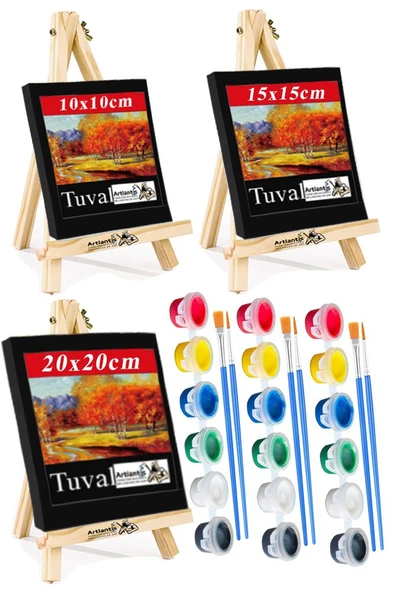 Mini Şövale Siyah Tuval 10x10 15x15 20x20 cm 3 Adet Akrilik Boya 6 Renk ve Fırça Mini Siyah Tuval Masaüstü Küçük Şövale ürün görseli