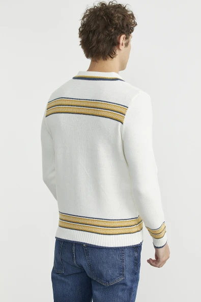 Polo Yaka Kilim Motifli Triko Kazak - Kemik - Resim 5