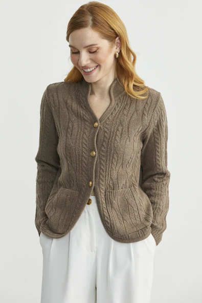 Hakim Yaka Cepli Yün Triko Ceket - Sütlü Kahve - Resim 4