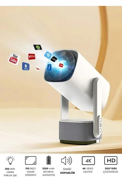 Glr K2 Pan-Tilt Lambalı Projektör 4K Destekli, Bluetooth 5.2 Android 11.0 Otomatik Odaklamalı Akıllı Projektör - 6