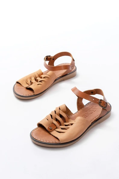 205-029 Bej Ortopedik Hakiki Deri Kadın Sandalet - Resim 5