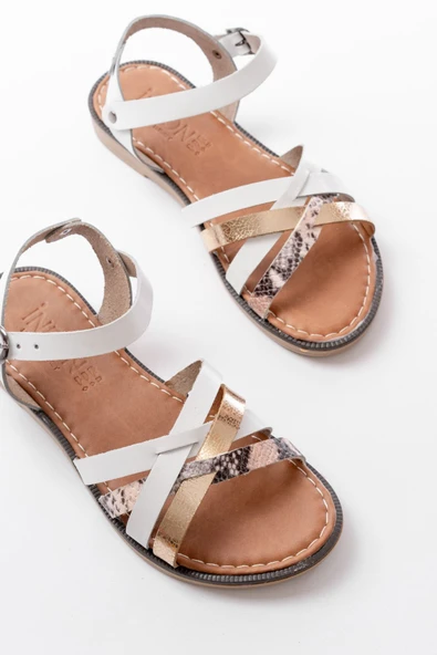 205-093 Beyaz  Garni Hakiki Deri Ortopedik Taban Kadın Sandalet - Resim 4