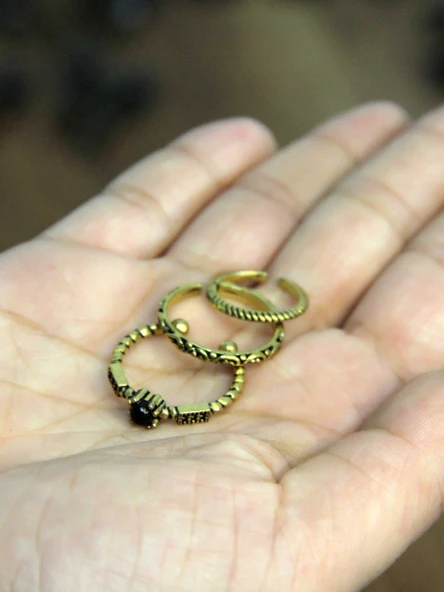 Doğal Taşlı 3'lü Garnet (Lal) Doğal Taşlı Antik Modelli Kadın Ayarlanabilir Yüzük Seti euy84 - Resim 3