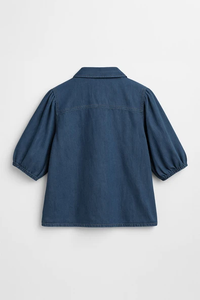 Kadın Balon Kollu %100 Pamuk Mavi Jean Gömlek - 3