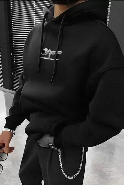 Erkek Baskılı Kapüşonlu Ve Kordon İpli Sweat - Siyah ürün görseli