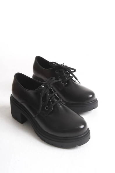 K-707 Siyah Kırışık Rugan Yüksek Tabanlı Bağcıklı Loafer Ayakkabı - 5