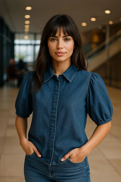 Kadın Balon Kollu %100 Pamuk Mavi Jean Gömlek