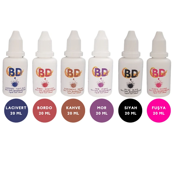 BD 6'lı Sıvı Gıda Boyası Seti – 20 ml (Lacivert, Bordo, Kahve, Mor, Siyah, Fuşya)