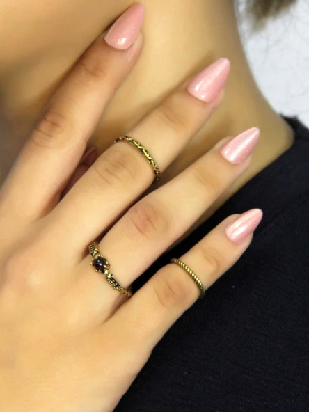 Doğal Taşlı 3'lü Garnet (Lal) Doğal Taşlı Antik Modelli Kadın Ayarlanabilir Yüzük Seti euy84 ürün görseli