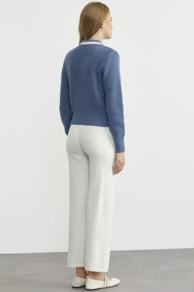 Polo Yaka Düğmeli Triko Hırka - Indigo - Resim 6