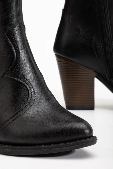 117 Siyah Kovboy Dikiş Detaylı Fermuarlı  Yüksek Topuklu Günlük Kadın Bot - Resim 5