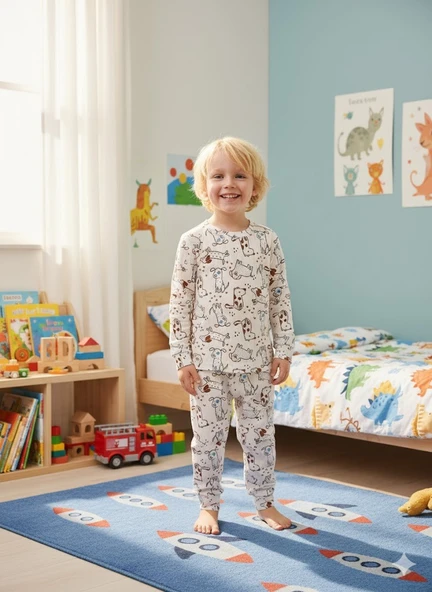 YENİ SEZON KIZ ERKEK ÇOCUK FİTİLLİ PAMUK PİJAMA TAKIMI - Resim 5