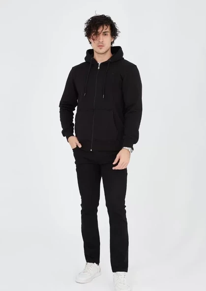 Unisex Tam Fermuarlı Kapşonlu  SweatShirt - Siyah - Resim 3