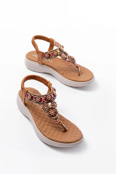 DM-609 Taba Taşlı Arka Lastikli Parmak Arası Kadın Sandalet - Resim 5