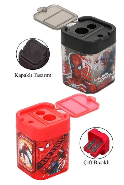 2 li Kalemtraş 2 Adet Örümcek Adam Kırmızı ve Siyah Geniş Hazneli Çift Bıçaklı Kalem Traş No2 Figürlü Jumbo Kalemtıraş