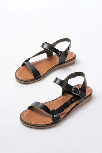 205-090 Siyah Hakiki Deri Tokalı Kadın Sandalet - Resim 3
