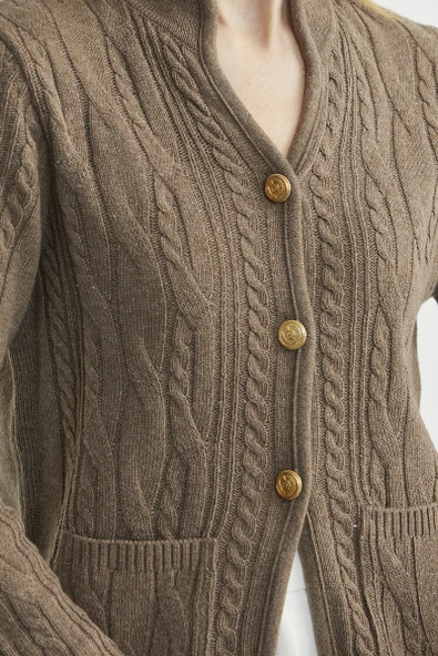 Hakim Yaka Cepli Yün Triko Ceket - Sütlü Kahve - Resim 5