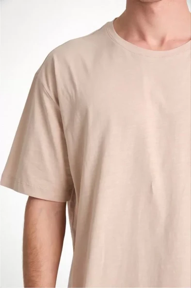 Unisex Düz Biskilet Yaka Oversize T-shirt - Bej - Resim 3