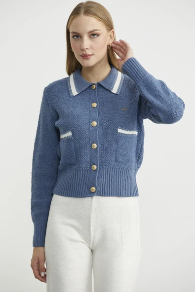 Polo Yaka Düğmeli Triko Hırka - Indigo ürün görseli